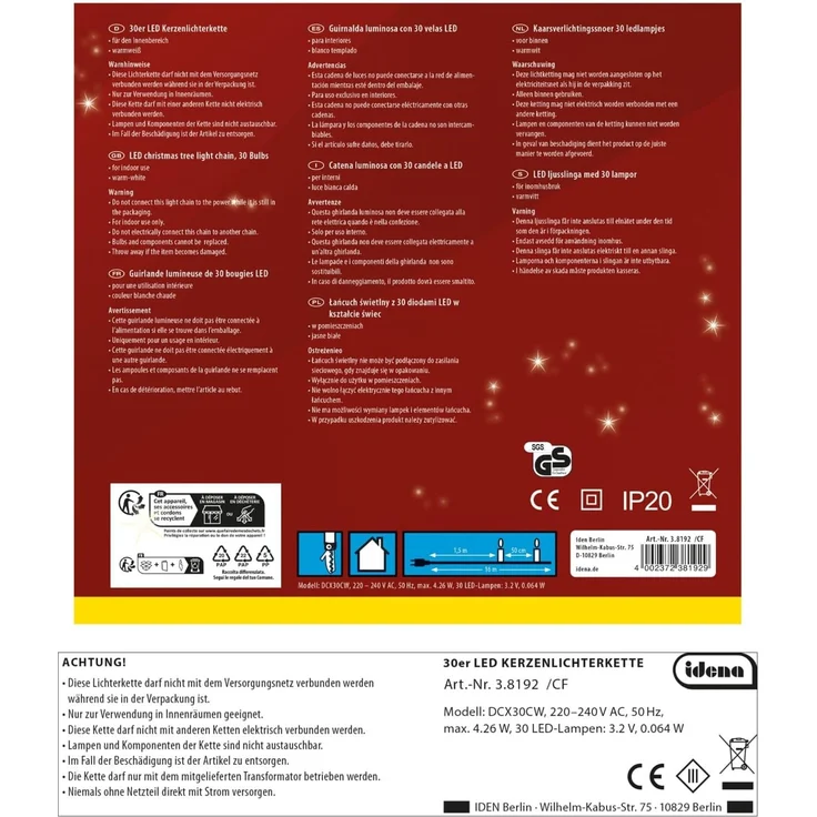 Idena 38192 - LED Kerzen Lichterkette mit 30 LEDs in Warmweiß, elfenbeinfarbene Kerzen mit Befestigungs-Klemmen, ca. 16 m, Deko für Innen, Weihnachtsdeko und Beleuchtung für den Weihnachtsbaum – Bild 2