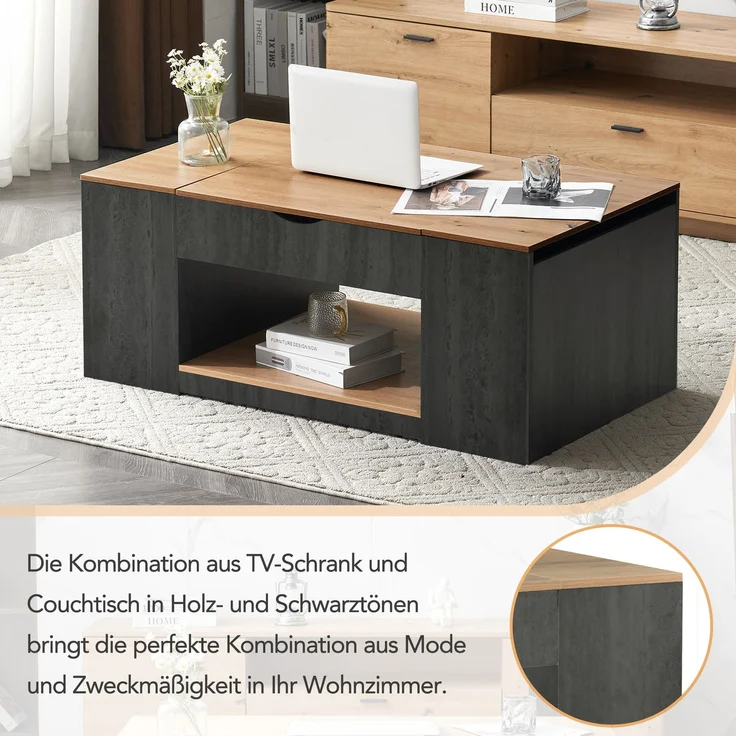 LVHOM Couchtisch mit Stauraum, Höhenverstellbarer Kaffeetisch mit versteckten Fächern, Laptoptisch für Wohnzimmer, Eiche-Optik/Grau, 109x60x43 cm – Bild 7