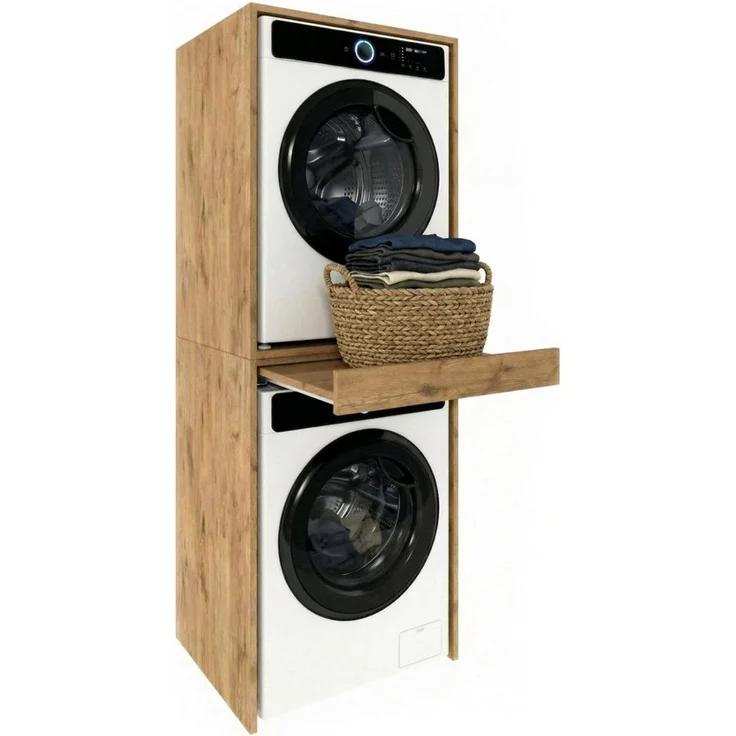 TREND WERK Waschmaschinenumbauschrank 66×64×184 cm - für Waschmaschine & Trockner übereinander (Waschraum Möbel Schrank für Waschküche mit Stauraum) Waschturm für Waschmaschine & Trockner mit Ausziehbrett & Hochschrank – Bild 1