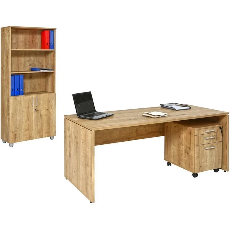 Schreibtisch Set 1 Nuvi, Saphir Eiche Dekor, inkl. Schreibtisch 180 cm, Rollcontainer 3 Schübe & Aktenschrank190 cm hoch – Bild 1