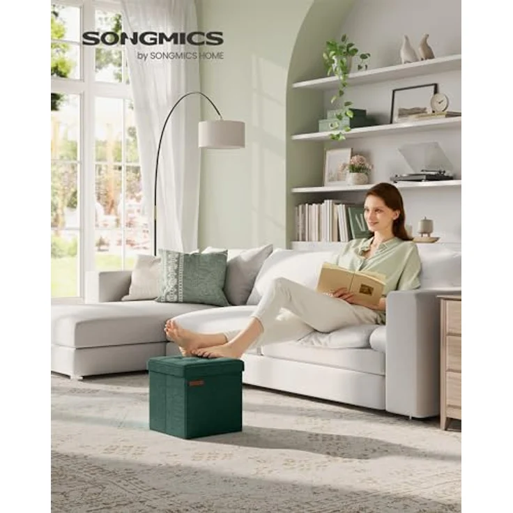 Songmics Sitzhocker mit Stauraum, kleine klappbare Sitzbank, 30x30 cm Fußbank, Aufbewahrungsbox, bis 130 kg belastbar, für Wohnzimmer Schlafzimmer Schlafsaal, vintagegrün LSF028C01 – Bild 3