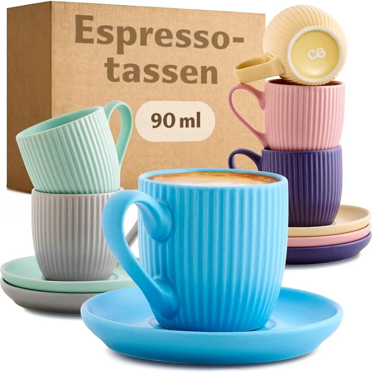 Cosumy Espressotasse Espressotassen Set 6er Bunt Pastell 90 ml mit Untertassen Mokkatassen, 12-tlg, Keramik, Handgefertigt, dickwandig, spülmaschinen- & mikrowellenfest, Pastell – Bild 1