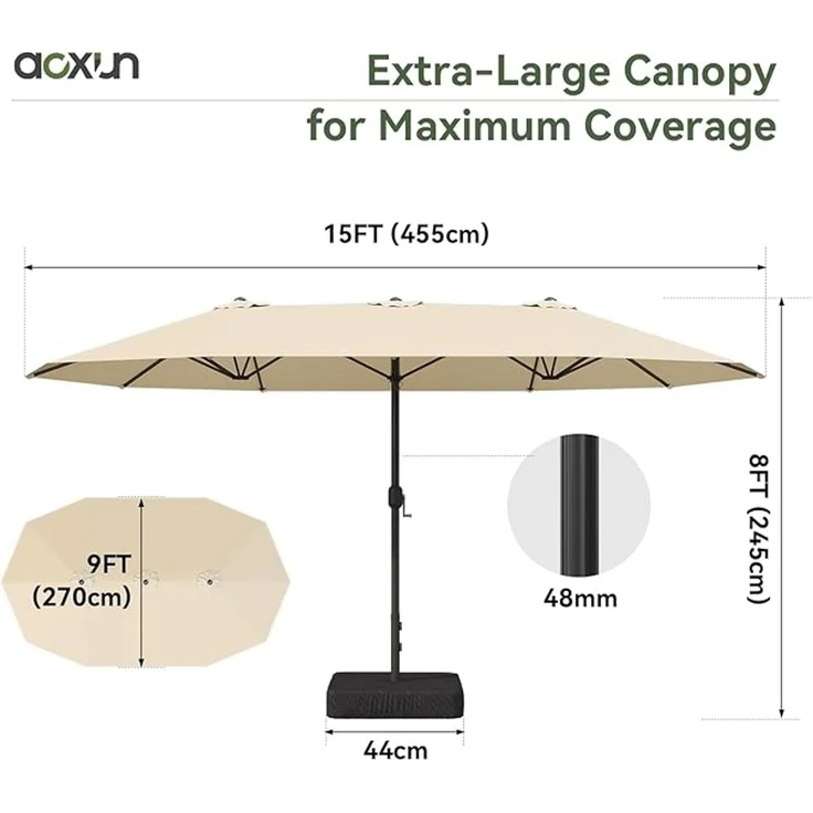 Aoxun Sonnenschirm Mit Basis 455x267cm UV Schutz Schutzhülle Kurbel Stabil Groß Garten Terrasse Balkon Doppelter Marktschirm Gartenschirm, Parasol Windfest, cremefarben,Beige – Bild 2