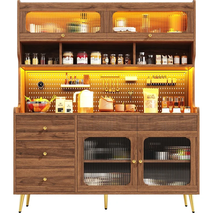 ZUBALIYA LED-Küchenschrank 145x39x171 cm, mit App-Steuerung, mit Stauraum, MDF/Glas, Nussbaum – Bild 15