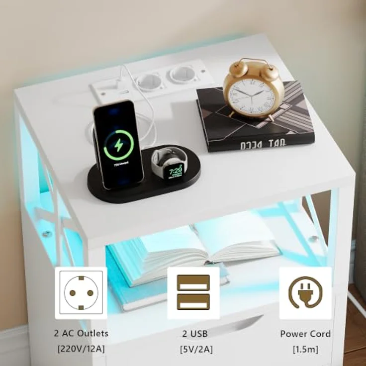 Feonase Nachttisch, Beistelltisch mit Schublade, Nachtschrank mit 2 Schubladen und 1 Fach, Nachttische mit LED-Beleuchtung, 2 AC-Steckdosen und 2 USB-Anschlüssen, für Schlafzimmer, Wohnzimmer, Weiß – Bild 4