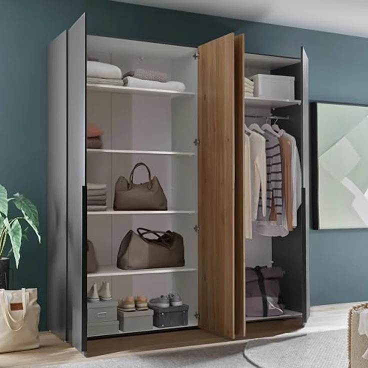 Stella Trading ASKA Kleiderschrank in Graphit, Mauvella Eiche Optik - Vielseitiger Drehtürenschrank 4-türig für Ihr Schlafzimmer - 200 x 210 x 53 cm (B/H/T) – Bild 5