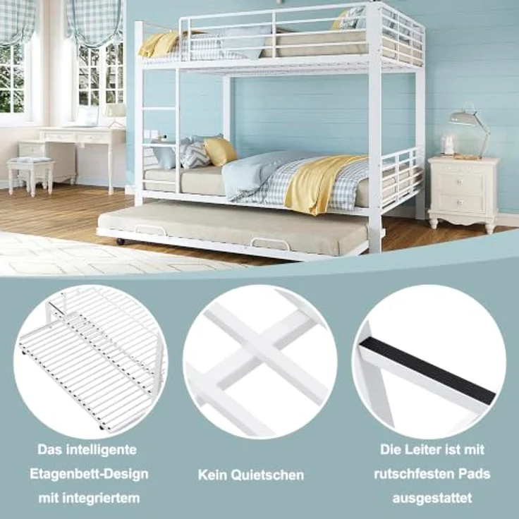 FAVSH Etagenbett 140x200 cm für 3 Personen aus Metall, Hochbett mit Rausfallschutz und Leiter, Geräuscharmes Doppelbett, rutschfest, für Jugendliche und Erwachsene, WG & Ferienwohnung, Weiß B – Bild 4