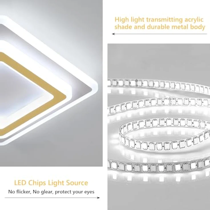 Goeco LED Deckenlampe, 44W 4950LM 6500K Kaltesweiß Gold Deckenleuchte Quadratisch aus Acryl, LED Lampen Deckenbeleuchtung Innen für Wohnzimmer Schlafzimmer Flur Küche Balkon – Bild 5