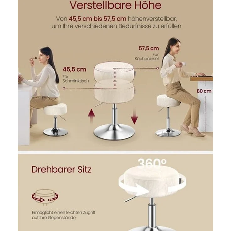 Schminkhocker, Schminkstuhl, Sitzhocker, höhenverstellbar, 360° drehbar, PU, dicke Polsterung, für Schlafzimmer, Küche, Esszimmer, cremeweiß – Bild 2
