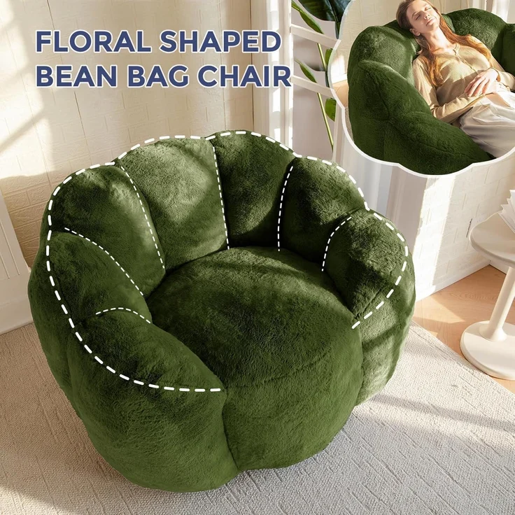 Sitzsack Memory Foam Füllung Kunstfell XXL Oliv 105*105*78 – Bild 9