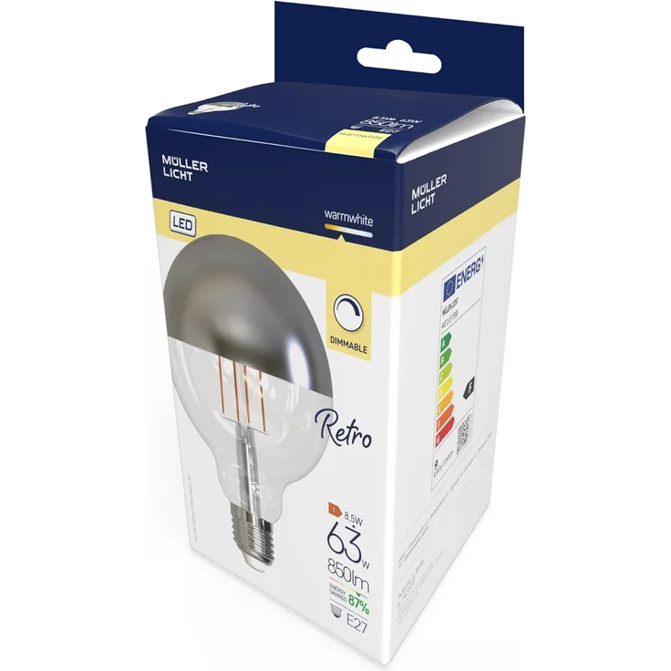 Müller-Licht Retro LED Globeform Filament E27 verspiegelt, 8. 5W ersetzt 63W, nostalgisches superwarmweißes Licht (2700K), 850lm, dimmbar, 1 Stück (1er Pack)