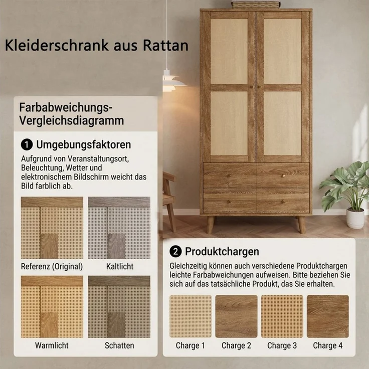 i@home Kleiderschrank Mehrzweckschrank,Garderobenschrank,mit Stauraum,80x50x180cm mit Rattan-Design,Kleiderstange,Ablagefächern,2 Schubladen,Braun – Bild 2