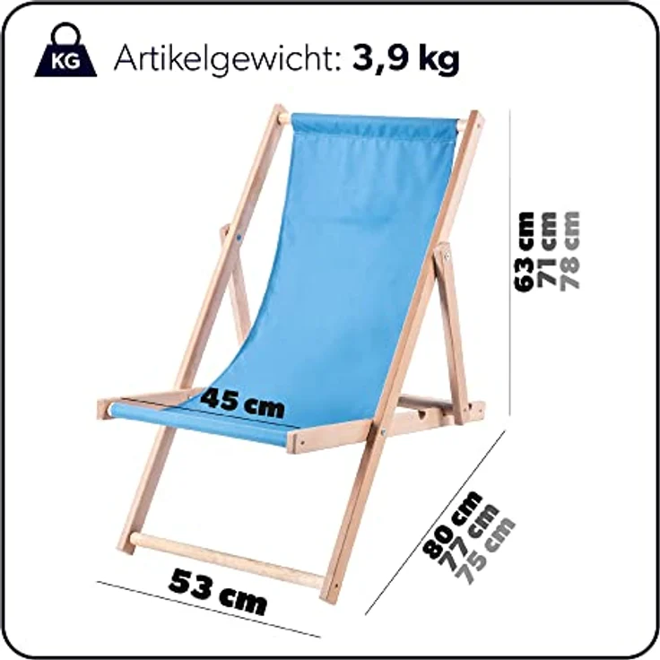 Kadax Holzliegestuhl, klappbare Gartenliege aus Buchenholz, hellblau, 53x78 cm, UV- und feuchtigkeitsresistent, Tragfähigkeit bis 120 kg – Bild 3
