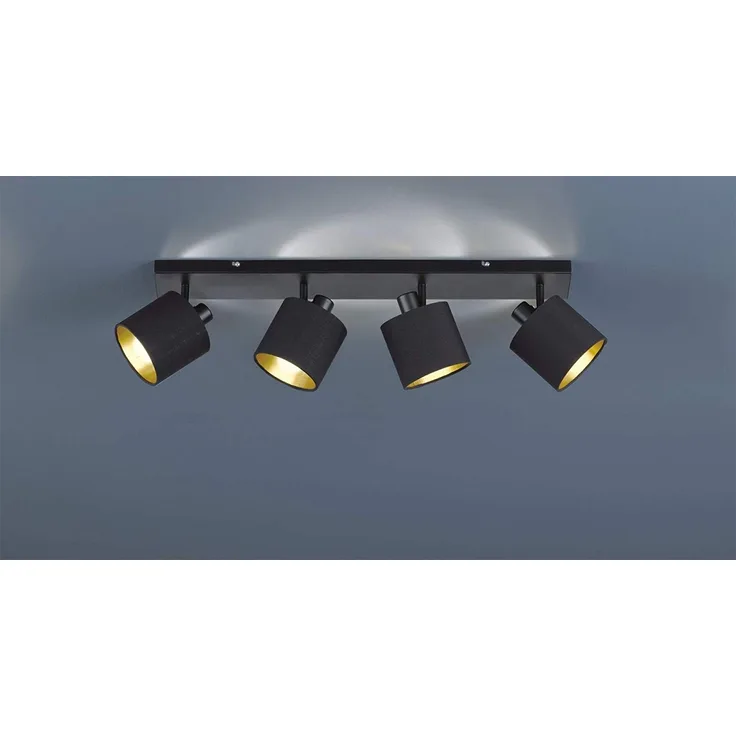 LED Deckenstrahler 4-flammig Schwarz, Stoffschirme Schwarz Gold, Breite 70cm