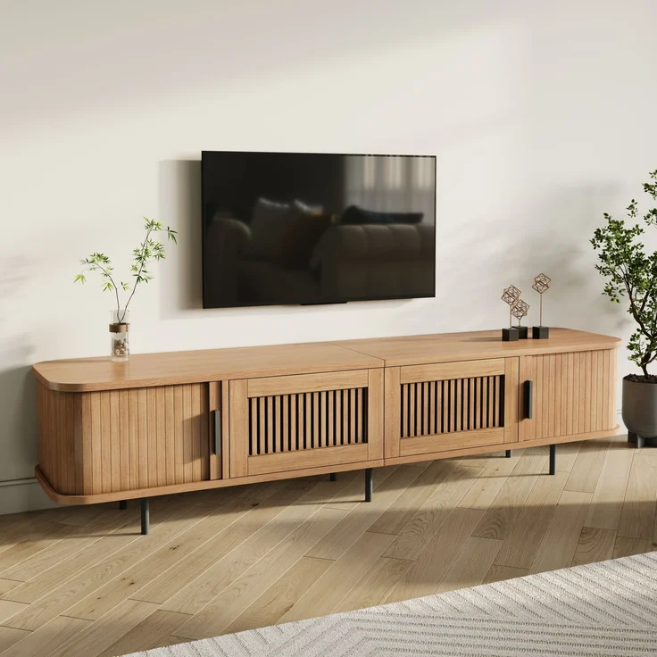TV-Lowboard 180 x 40 x 44,5 cm aus MDF und PB mit Schiebetüren, Schubladen und LED-Beleuchtung – Bild 3