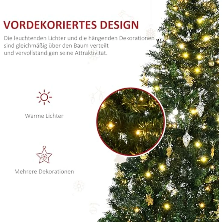 HOMCOM Künstlicher Weihnachtsbaum mit Deko 200 LEDs 745 Spitzen, Tannen, 112x180 cm (BxH), grün – Bild 5