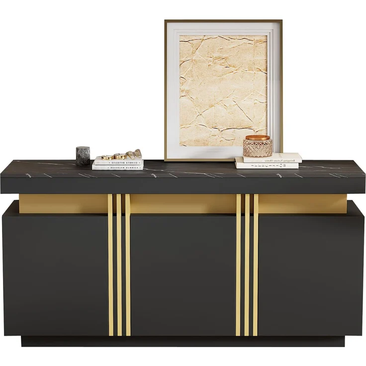 Merax 140*38*70cm Schwarz Sideboard-Display, 3 Türen, Esszimmerschrank mit verstellbaren Trennwänden, breite grifflose Schließfächer – Bild 10
