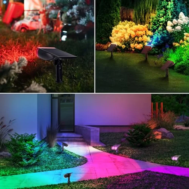 Linkind Bunt Solarlampen für Außen, RGB+Weiß Solar Strahler Garten mit 10 Lichtmodi, Solar Außenleuchte 2 in 1 Montage, Dusk to Dawn IP65 Solarleuchte StarRay für Bäume, Vorgarten, Hof, 2 Stück – Bild 10