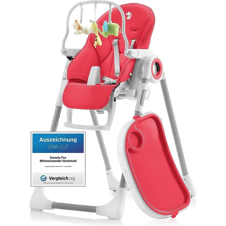 Sweety Fox Hochstuhl Baby mit Liegefunktion - Verstehllbar und Klappbar , Kinderstuhl mit Sicherheitsgurt - Mitwachsender Kinderhochstuhl 6 Monaten bis 3 Jahren, max. 15 kg - Rot