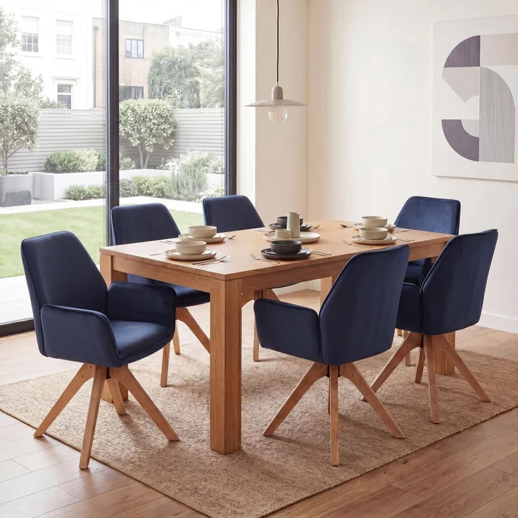 6er-Set Esszimmerstuhl HWC-G67, Esstischstuhl Küchenstuhl mit Armlehne, drehbar Holz Samt 320 g/m² MVG ~ anthrazit-blau – Bild 1