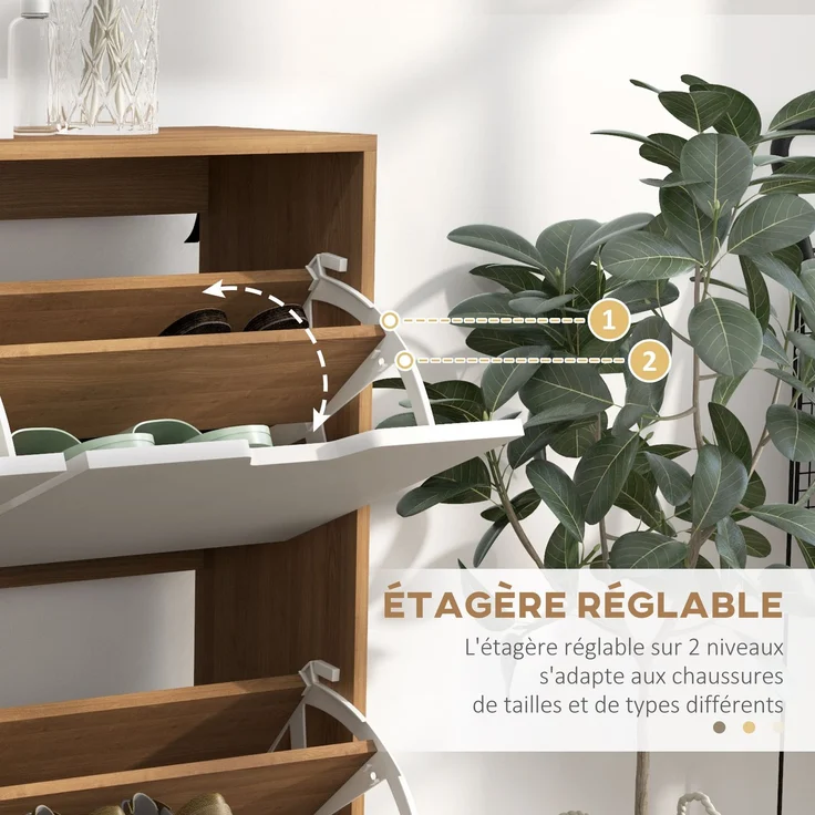 Schuhschrank mit 4 Klappen für 16 Paar Schuhe, mit verstellbarem Einlegeboden, Füße aus Kiefernholz, 95 x 26 x 95 cm, natur – Bild 7