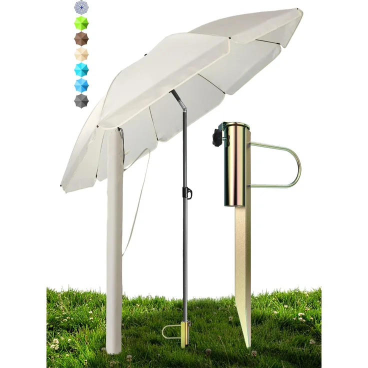 Menz Sonnenschirm Strand Ø 180 cm in Beige, 3er Set – Strandschirm windfest stabil + Schirmhülle + Rasendorn Sonnenschirmhalter, UPF 50+ Sonnenschirm mit Rasendorn für Garten, Schirmspieß