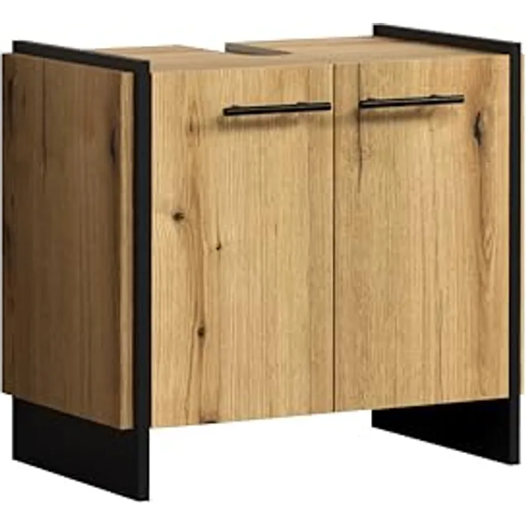 trendteam smart living - Safiya - Waschbeckenunterschrank - Eiche/Schwarz - Waschtisch mit 2 Türen und 1 Einlegeboden - (BxHxT) 60 x 56 x 34 cm - Schwarze Metallgriffe