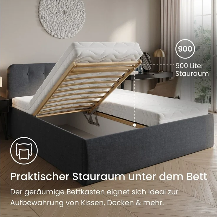 Home Collective Polsterbett Bett mit Stauraum, verstellbarem Lattenrost, viele Größen (Größen: 100x200 120x200 140x200 160x200 180x200 200x200, hochwertiger Strukturstoff, made in Germany), modernes Design mit hochwertigem Strukturstoff 180x200 cm, Ant... – Bild 3