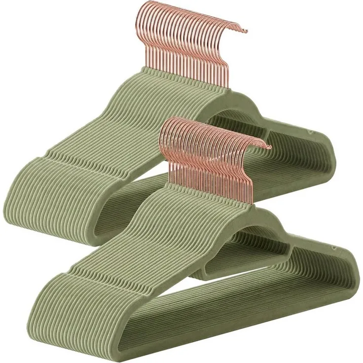 SONGMICS Kleiderbügel Samt, 50er Set, Bügel, rutschfest, kleine Stange für Krawatten, 360° drehbarer Haken, 0,6 cm dick, platzsparend, 43,5 cm lang, für Mäntel, Hosen, Roségold-Hellgrün CRF021GR50
