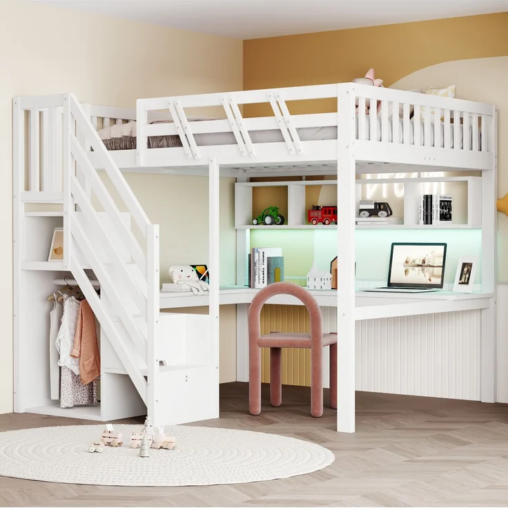 Rayofly-Massivholz Kinder Hochbett 140x200 cm, Stauraumtreppe, Schreibtisch, USB-Steckdose, LED-Licht, Jugend- und Einzelbett, H 140cm x T 200cm x B 140cm, Weiß – Bild 1