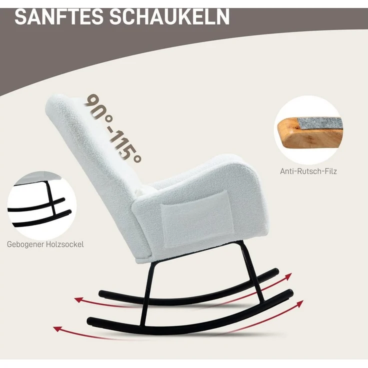 HOMCOM Schaukelstuhl Schaukelsessel mit Teddystoff-Optik Armlehne Stillsessel mit Holzkufen (Relaxsessel, 1 St), mit Seitentasche für Wohnzimmer, Schlafzimmer, Weiß – Bild 3
