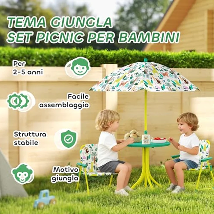 AIYAPLAY Garten-Kindersitzgruppe mit abnehmbarem Sonnenschirm, (Kindertisch mit 2 Klappstühlen, 4-tlg, Kindersitzgarnitur), für Kinder 2-5 Jahre, für Garten, Hinterhof, Terrasse, Grün – Bild 4