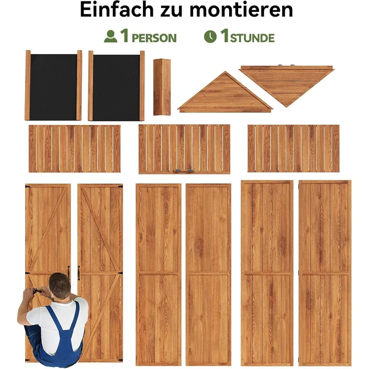 Aoxun Geräteschuppen Holz 73x39x169cm mit Regalen, giebelförmiges Gartenhaus mit Asphaltdach & Doppeltüren, wetterfester Gartenschrank Outdoor für Balkon Terrasse Hinterhof,Natürlicher Holzfarbton – Bild 7
