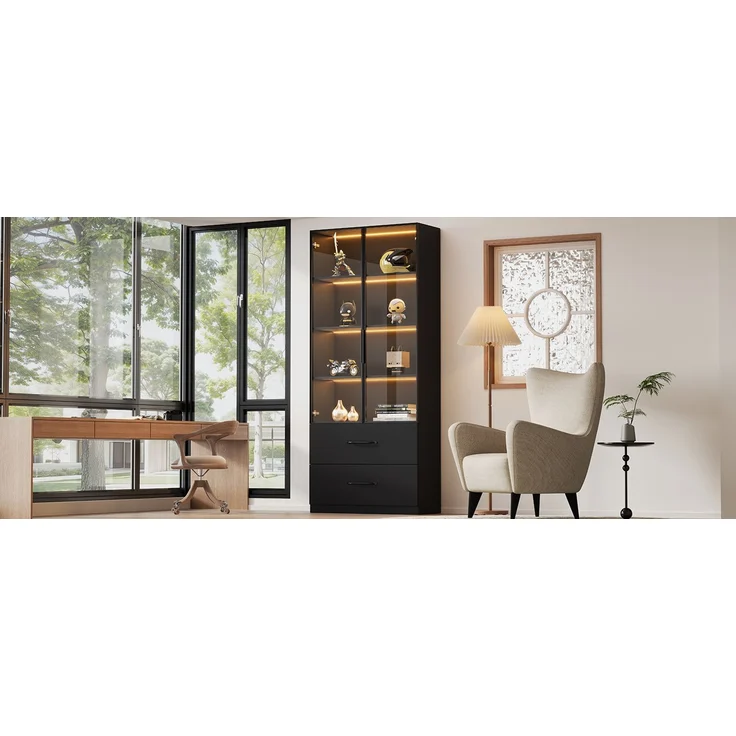 ZUBALIYA LED-Vitrine 60×40×160 cm - Glasvitrine, Bücherregal und Multifunktionsschrank mit Beleuchtung und Schubladen, mit Aluminiumrahmen, Hartglastüren und sanft schließenden Scharnieren, mehrfarbige LED – Bild 15