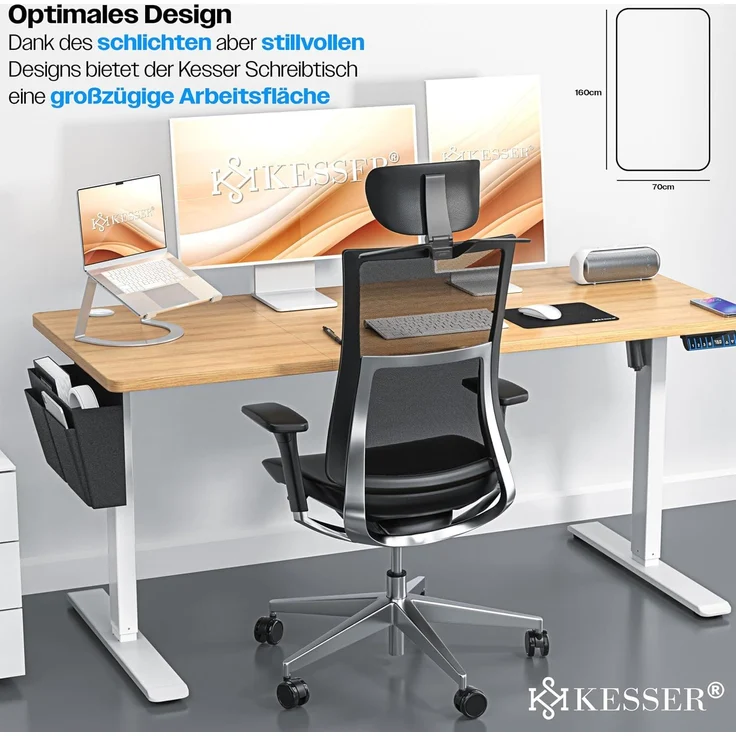 KESSER® Höhenverstellbarer Schreibtisch elektrisch, Ergonomisch Steh-Sitz Schreibtisch, 3-Funktions-Memory Steuerung, Inkl. 360° Rollen & USB-Ladeanschluss, Computertisch für Homeoffice Beige, 160 x 70 cm – Bild 3