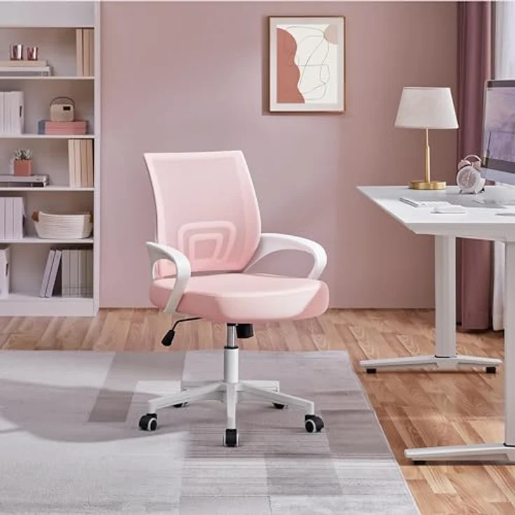 Yaheetech Bürostuhl Ergonomisch, Schreibtischstuhl mit Netzbespannung und Armlehnen, Drehstuhl aus Mesh, Chefsessel Wippfunktion, Höhenverstellbar Rückenschonend bis 136kg Belastbar, Rosa – Bild 3