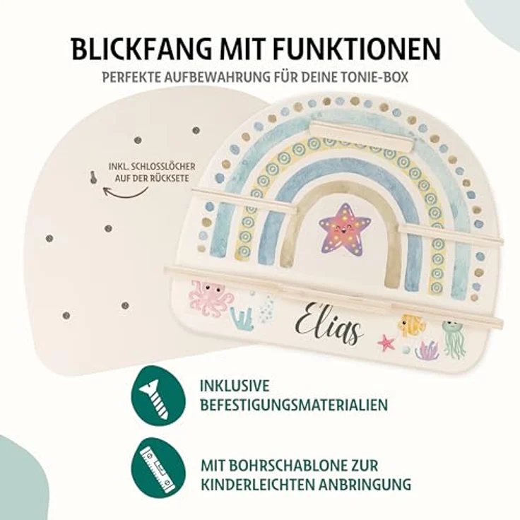 KIDSMOOD - Personalisiertes Tonie Regal für Kinderzimmer | Regenbogen Wand-Regal mit genügend Platz für Tonie-Hör-Figuren, Aussparung für Tonie-Musikbox & Kabelmanagement, Tonie Regal Mädchen & Jungen – Bild 5