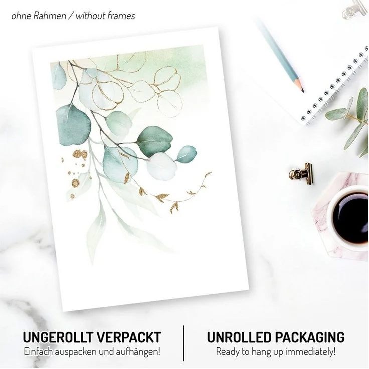 Kreative Feder Poster, Aquarell, Natur, Pflanze, Blätter, Zweige, elegant, grün (Set, 3 St), 3-teiliges Poster-Set, Wandbild, optional mit Rahmen, DIN A4 oder A3 – Bild 2