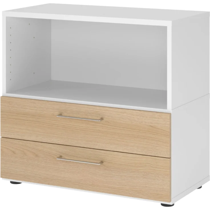 bümö flexi Aktenschrank klein mit 2 Schubladen & 1 Regalfach in Weiß/Eiche, Büroschrank mit werkzeuglosem Schnellmontage-Klicksysten in modularer Bauweise, FW28S2KG-W-E-BS – Bild 1