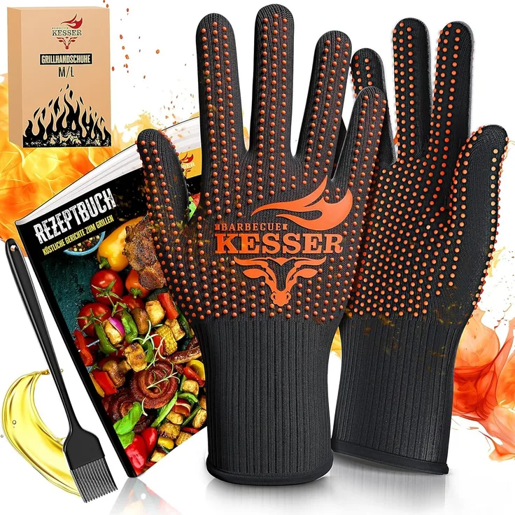 KESSER® Grillhandschuhe hitzebeständig bis 500 °C, Atmungsaktiv & mit rutschfestem Griff, Aramid-Gewebe, Maschinenwaschbar, Schwarz / Rot, M-L: Tests, Infos & Preisvergleich