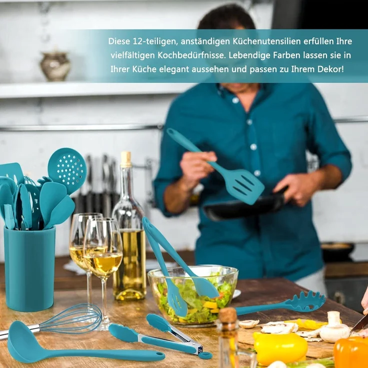 Küchenhelfer Set 12-teilig Silikon Kochutensilien Hitzebeständig Blau – Bild 7