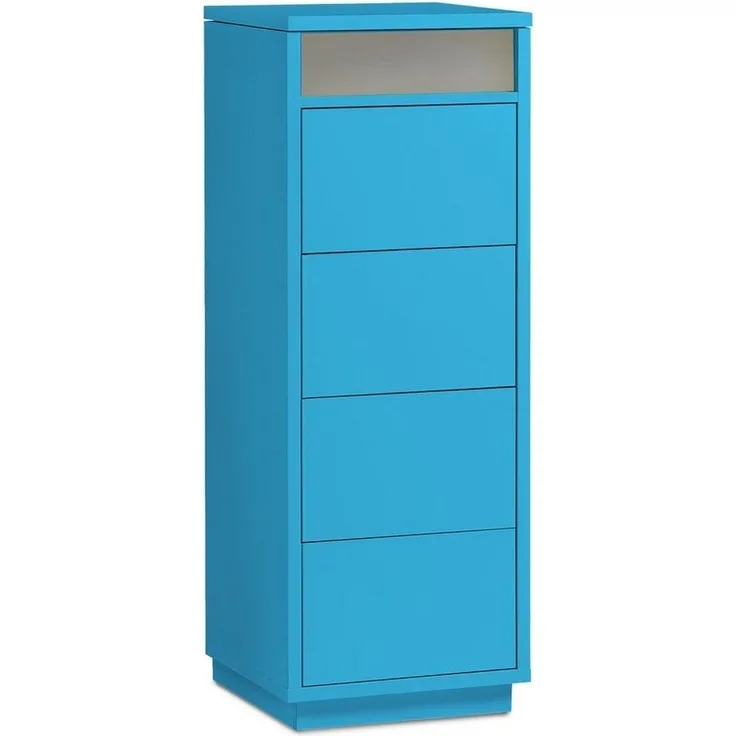 Kommode mit 4 Schubkästen, Klapp-Deckel & Dokumenten-Ablage mit Glasfenster - Schubladen-Turm - Push-To-Open Sideboard türkis-blau