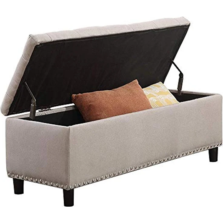 BAKAJI Sitztruhe, Sitzhocker, Fußhocker für Schlafzimmer, Hocker mit Holzrahmen, Bezug aus Stoff, Sitzfläche zum Öffnen, gepolstert, Farbe: Beige, Maße: 121 x 42 x 43 cm – Bild 6
