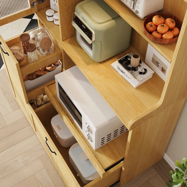 EINHOM Highboard mit verstellbaren Regalböden und Schubladen, Küchenschrank mit ausziehbaren Regalböden und Riffelglas, Ideal für Esszimmer, Wohnzimmer und Küche (Natur) – Bild 5