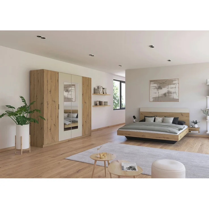 Schlafzimmer Monza Beige mit Drehtürenschrank mit oder ohne Spiegel im Dekor Eiche Artisan und Beige – in verschiedenen Varianten wählbar - 4 teilig , Kleiderschrank mit Spiegel + Bett 180x200cm + 2 Nachttisch