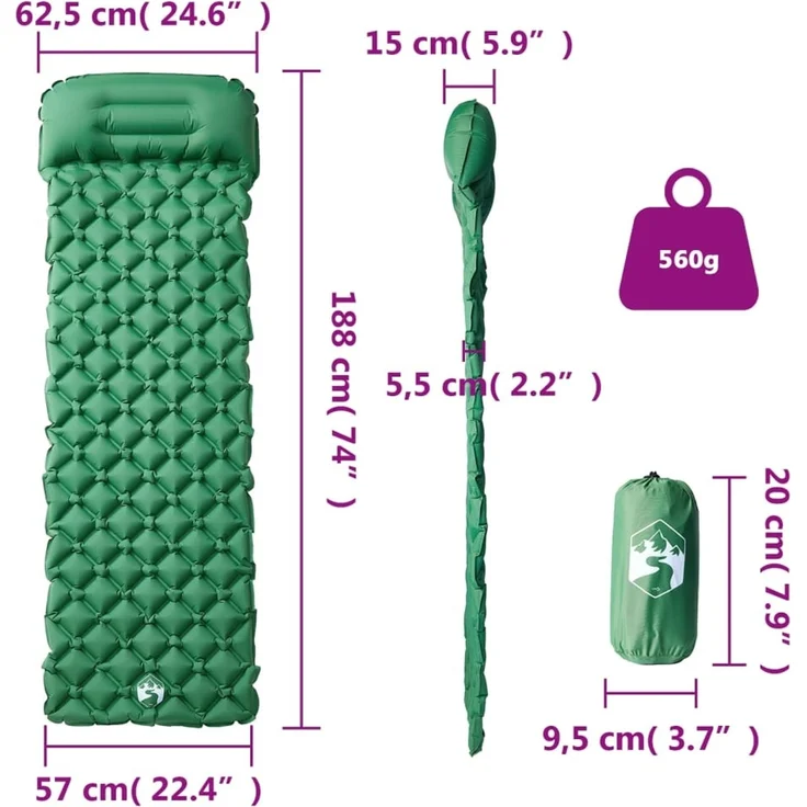 vidaXL Isomatte mit Integriertem Kissen Aufblasbar Grün, 188 x 62,5 x 5,5 cm – Bild 6