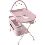 Wickelstation für Baby, Wickeltisch, faltbar, tragbar, Wickeltisch, faltbar, tragbar, mit Aufbewahrungskorb, maximale Belastung von 25 kg,75 x 68 x 83–91 cm (Schwarz) Rosa