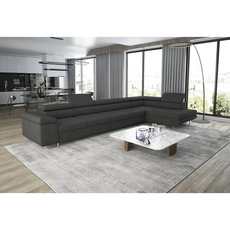 thematys Ecksofa ASTON MAXI 405 x 203 cm, mit Schlaffunktion, mit Bettkasten, mit verstellbaren Kopfstützen, Grau (Poso 60), Ausrichtung Rechts – Bild 6