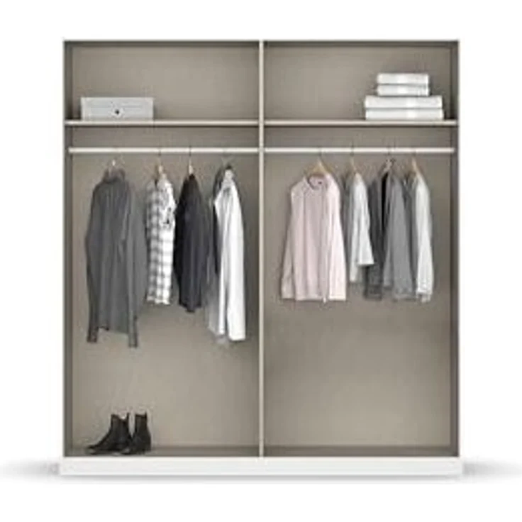 Rauch Möbel Alabama, Kleiderschrank, Garderobenschrank, 4-türig, Spiegel, Zubehör Basic, 2 Kleiderstangen, 2 Einlegeböden, Farbe Hochglanz Weiß/Weiß, Griff Grau metallic, 181 x 210 x 54 cm – Bild 6