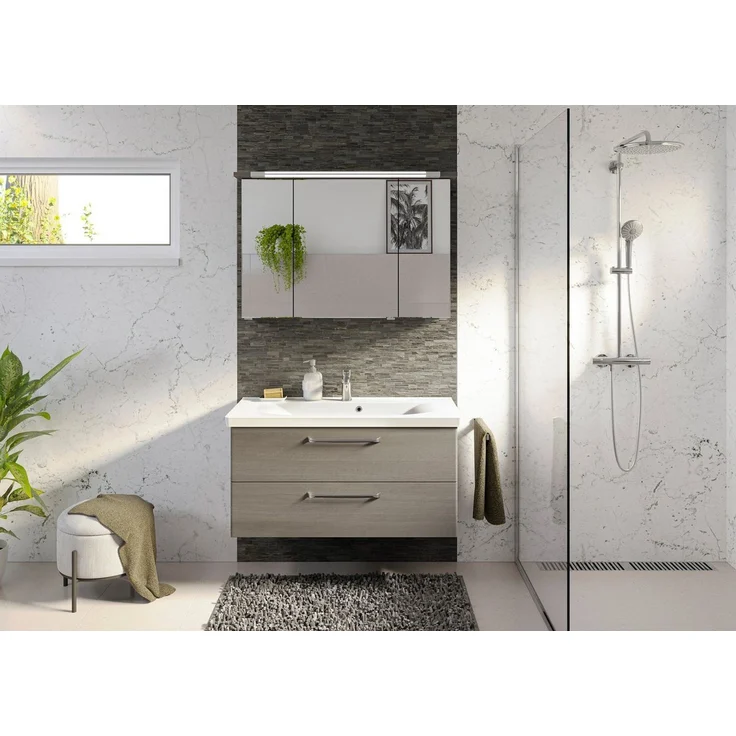 Saphir Badmöbel-Set Trentino 2-tlg Mineralmarmor-Waschtisch, Spiegelschrank mit LED-Profil, (3-St), Badmöbel-Set 110cm breit, inkl. Türdämpfer, 3 Türen, 2 Auszügen – Bild 2